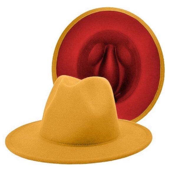 DOUBLE SIDED COLOR FEDORA JAZZ HAT CAMEL AND RED - Picture 1 of 2